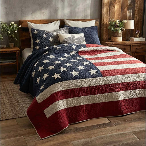 Patriotic Prairie Star Quilted Bedding Set 4Th Of July Decoration Ideas Gifts For Father
