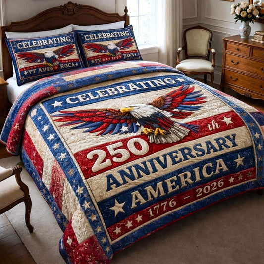 Celebrating 250th Anniversary Quilted Bedding Set America 1776 2026 Merch Gift For Mom - Mouldkingstore