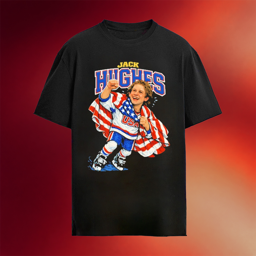 Caricature Jack Hughes USA Hockey Champions Flag T-Shirt Jack Hughes USA Hockey Gold Medal Merch