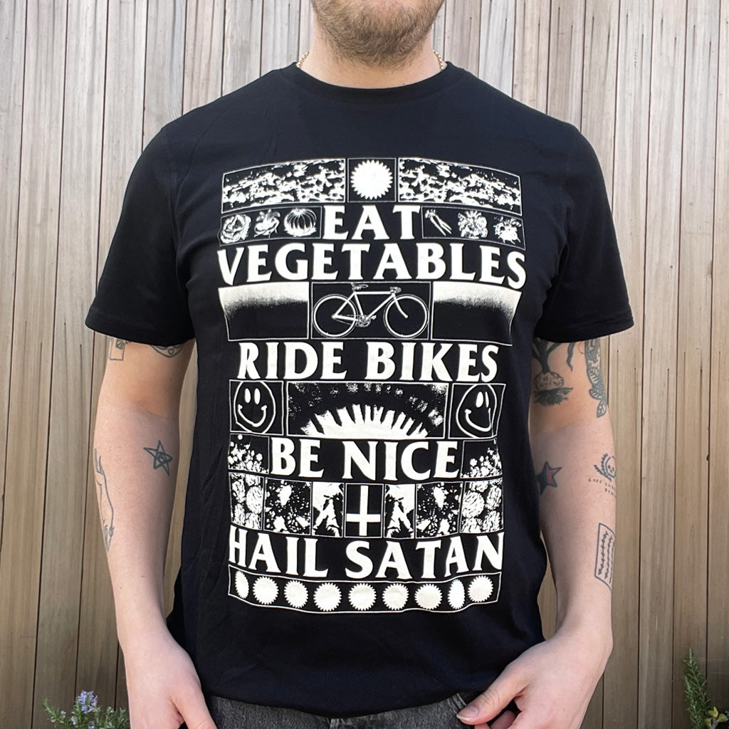 Black Lodge Press Merch 2026 Eat Veg Ride Bikes Be Nice Hail Satan T-Shirt Gifts For Friends