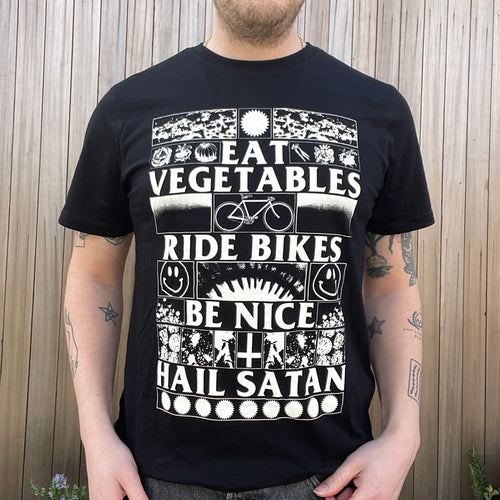 Black Lodge Press Merch 2026 Eat Veg Ride Bikes Be Nice Hail Satan T-Shirt Gifts For Friends